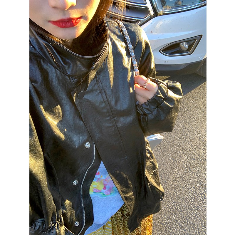 落落狷介皮衣女款2024新款高级感小个子早秋黑色外套机车PU皮夹克