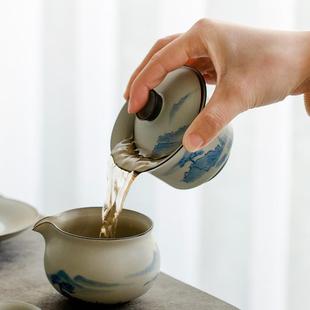 陶瓷盖碗茶杯家用简约泡茶器单个茶碗 昌朴居纯手绘山水哑光釉中式