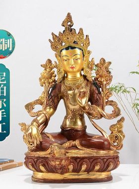 尼泊尔手工10寸红铜半鎏金绿度母居家桌面铜像高32厘米