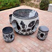 圆形圆桌庭院公园青石复古鼓型桌子梅兰竹菊款 型石桌刻字棋盘桌面