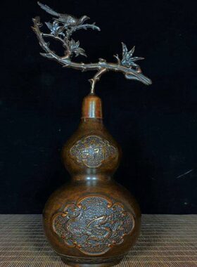 古玩收藏纯铜龙凤呈祥八卦开口葫芦铜器工艺品家居办公室玄关摆件