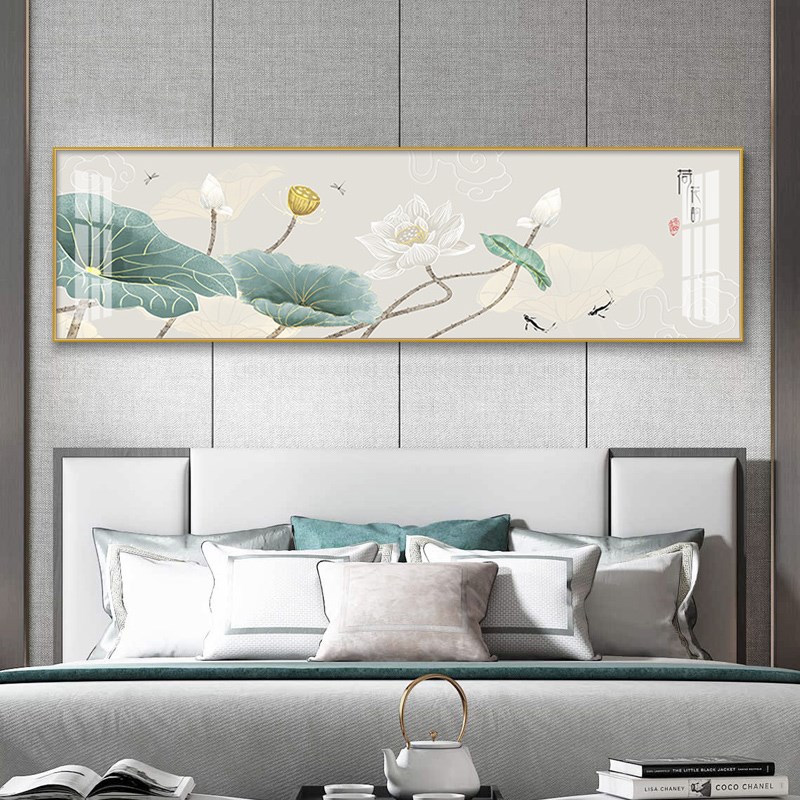 新中式卧室装饰画客厅沙发背景墙床头挂画荷花横版中国风晶瓷壁画图片