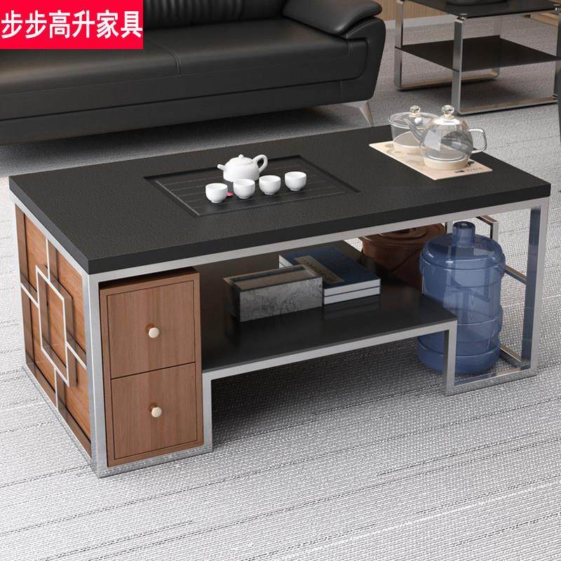 火烧石功夫茶几简约现代不锈钢大理石泡茶桌办公室功夫茶台带磁炉