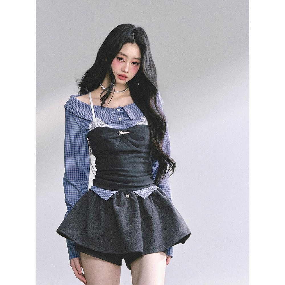 【奥兰学院】2025年秋季韩系一字肩假两件格子显瘦T恤+a字花苞裙