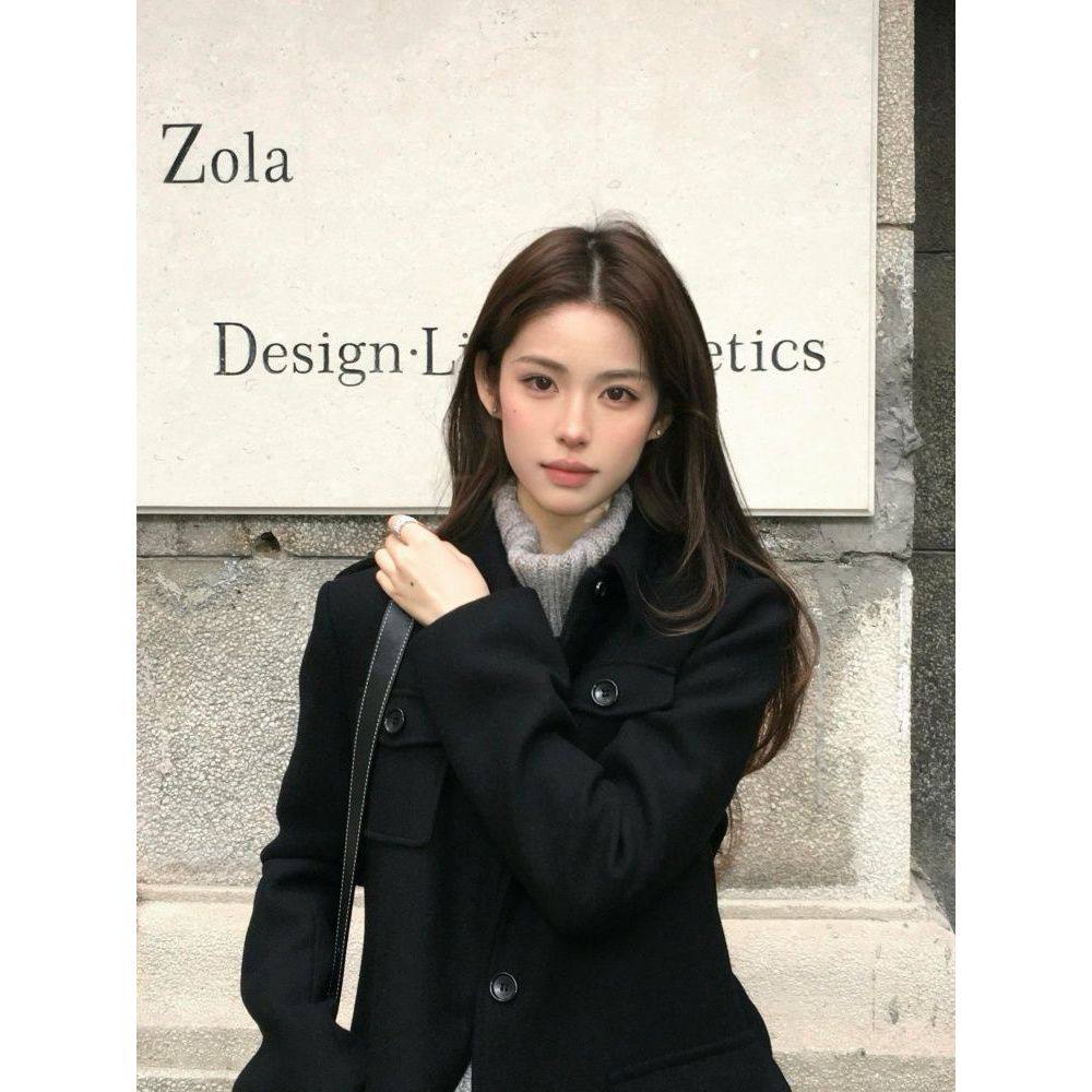 【墨棕余韵】复古时尚设计感毛呢大衣简约通勤收腰系带呢子外套女