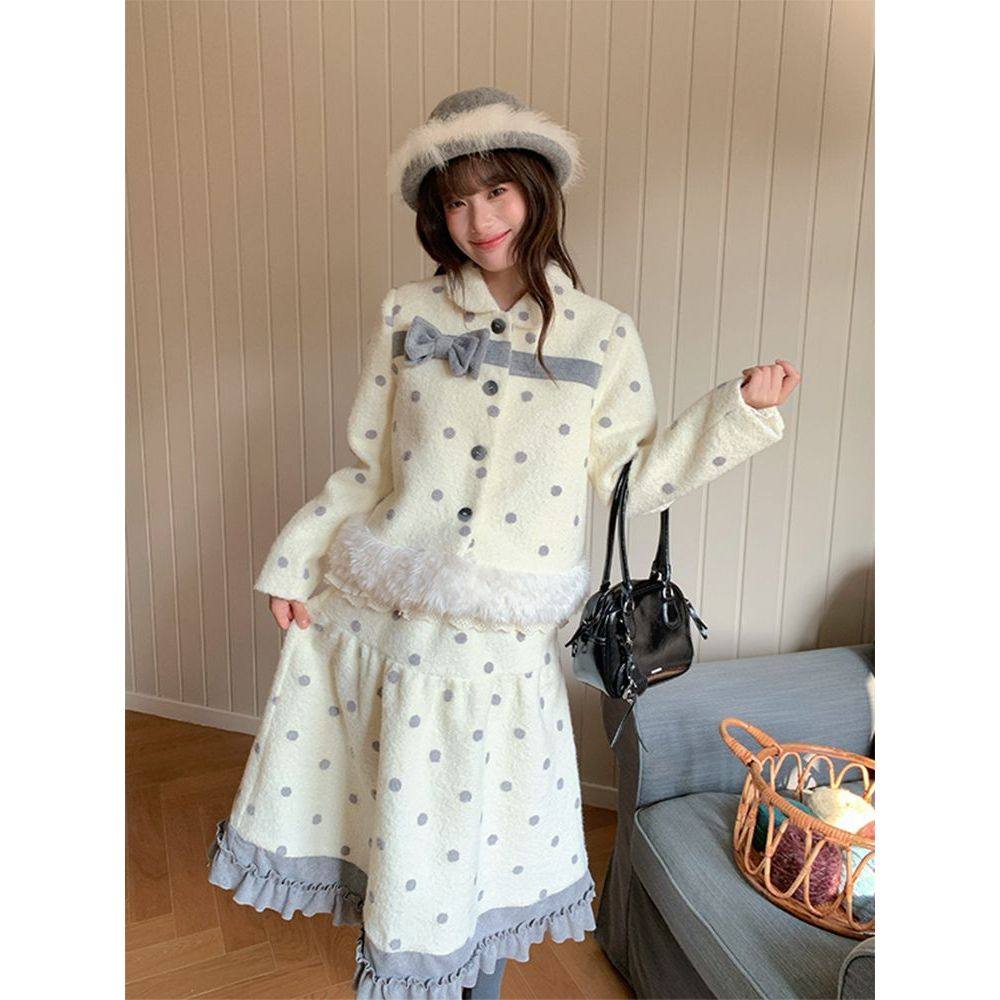 芋泥布蕾 2025冬季新款蝴蝶结波点毛呢外套波点拼接长裙女两件套,女装/女士精品,时尚套装,淘宝优惠券,粉丝福利购,淘宝优惠卷