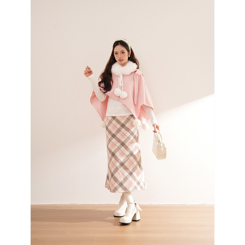 甜美可爱白色上衣+粉色斗篷+格纹半身裙三件套韩系百搭小众套装女
