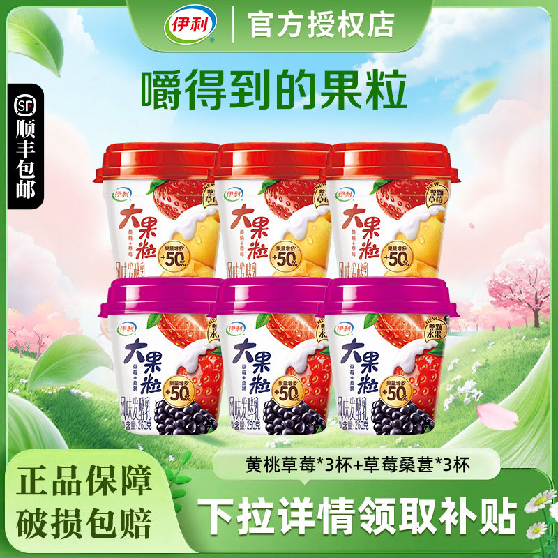 伊利大果粒酸奶260g*6杯黄桃草莓桑葚混合水果口味低温风味发酵乳
