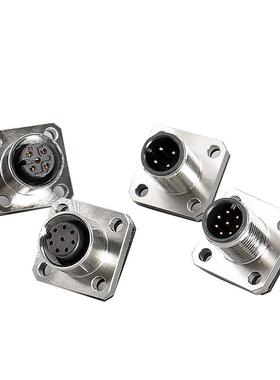 航空插头 插座 M12方形法兰座 4芯 5芯 8芯公母座 防水连接器