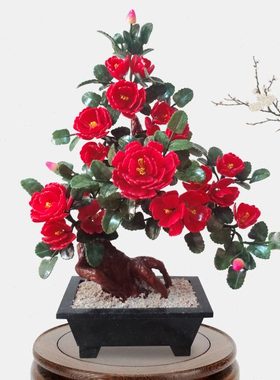 玉石雕刻牡丹花工艺品客厅装饰品酒柜玄关装饰玉雕新中式盆景摆件