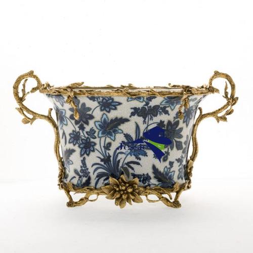 狮落皇庭 高端精品青花瓷果盆做旧铜新款装饰盆果盆