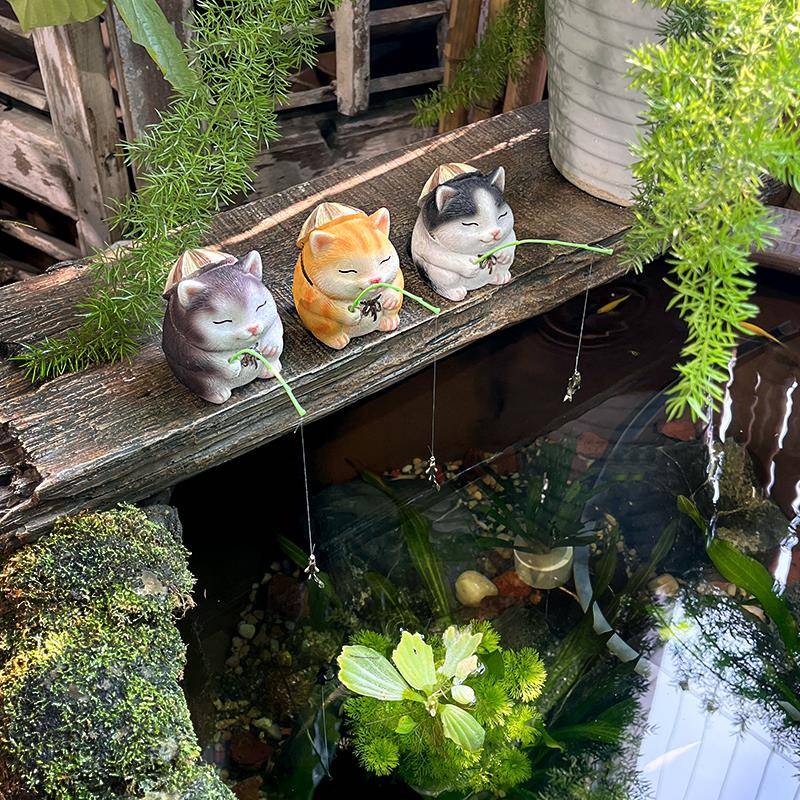 小猫钓鱼古法养鱼造景水缸装饰垂钓猫咪装饰微景观树脂工艺品摆件