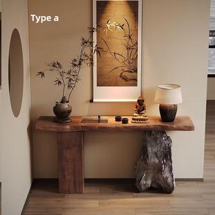 侘寂风原木自然边客厅玄关桌装饰条案端景台全实木酒店民宿玄关台