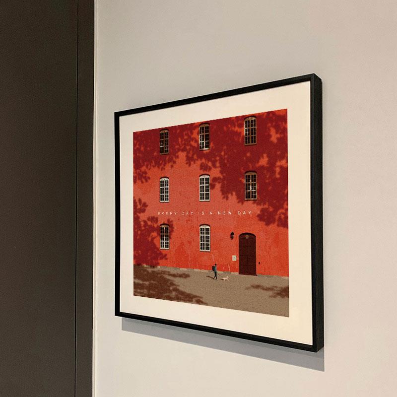 Every day is a new day极简装饰画芯红色建筑小众艺术无框画替换