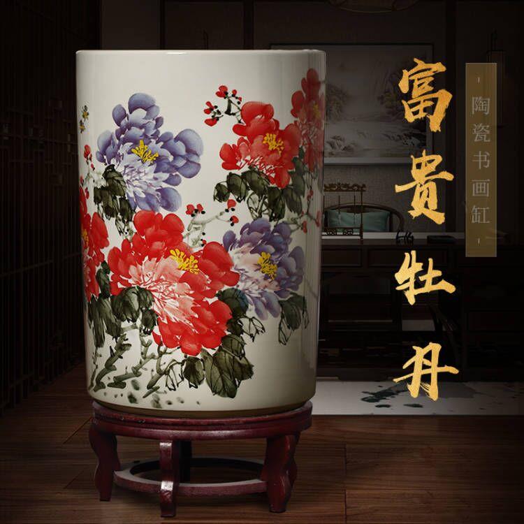景德镇陶瓷器手绘箭筒书画卷轴缸字画筒收纳落地大号客厅家居摆件