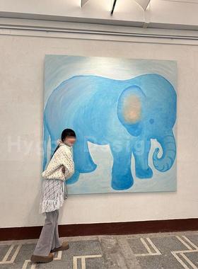 Take an apple治愈系蓝色装饰画可爱大象小众艺术肌理感艺术挂画
