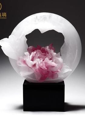 琉璃艺术品牡丹花摆件客厅办公室装饰轻奢创意高级工艺品乔迁礼物
