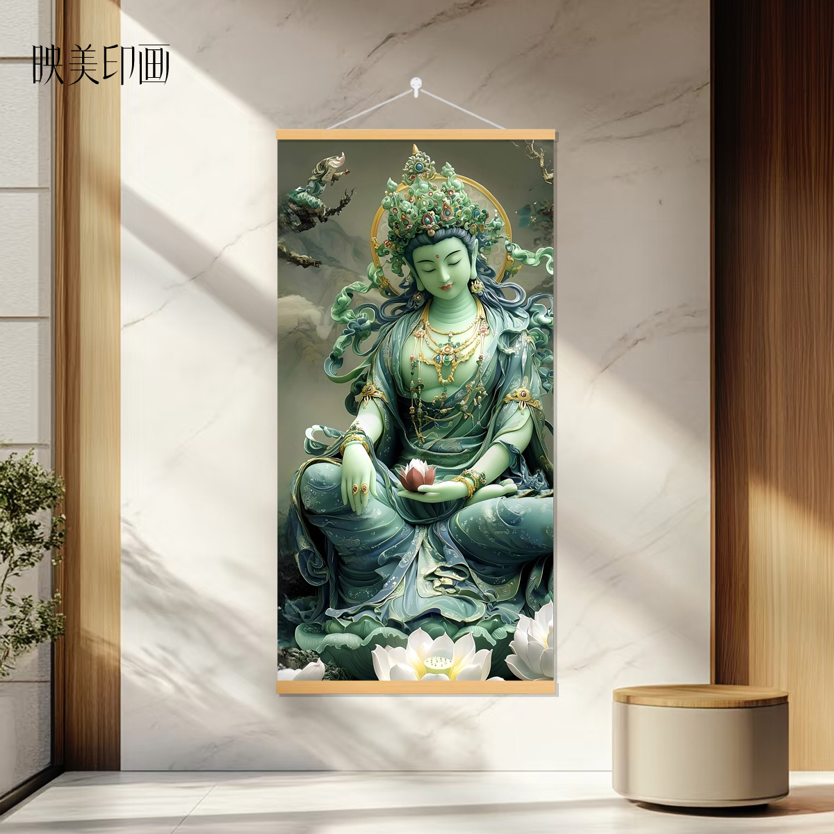 藏式唐卡新款绿度母画像客厅书房卧室实木挂轴墙壁玄关装饰图挂画