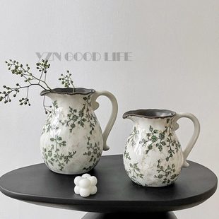 家居桌面装 复古做旧冰裂釉面陶瓷花瓶奶壶水培摆件新中式 饰田园风