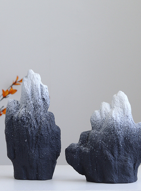 新中式假山摆件创意陶p瓷小雪山客厅博古架装饰品书房茶室禅意摆