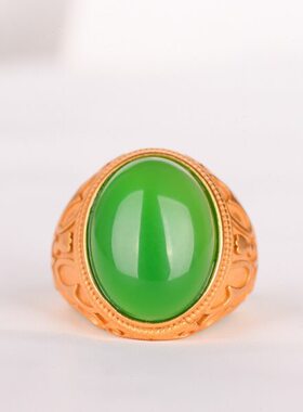 925银绿色面可调节金色界玛瑙扳冰种指玉椭镶嵌戒指男情侣髓圆形
