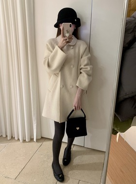 非真实价格：韩国Chic韩系休闲简约百搭翻领双面羊绒大衣外套