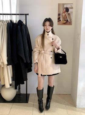 非真实价格：韩国Chic韩系休闲简约百搭立领双面羊绒大衣外套