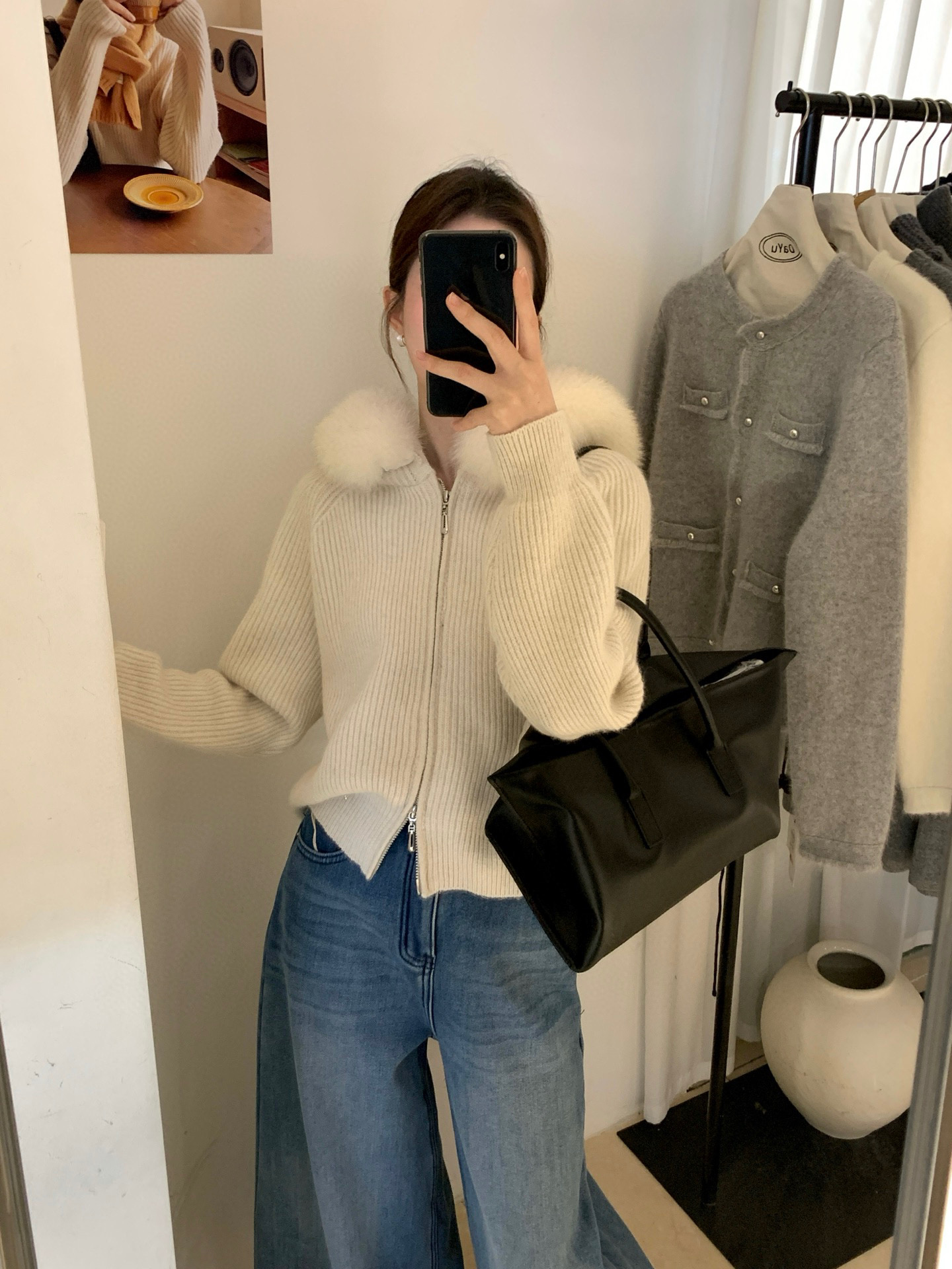 非真实价格：韩国Chic韩系休闲简约百搭狐狸毛领连帽拉链毛衣外套