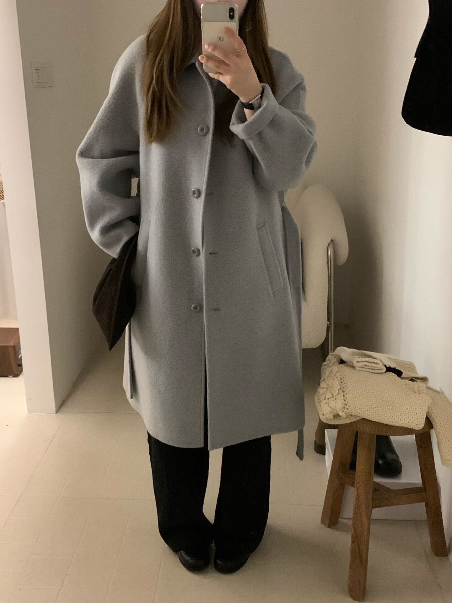 非真实价格：韩国Chic 休闲简约百搭中长款双面雾霾蓝羊绒大衣