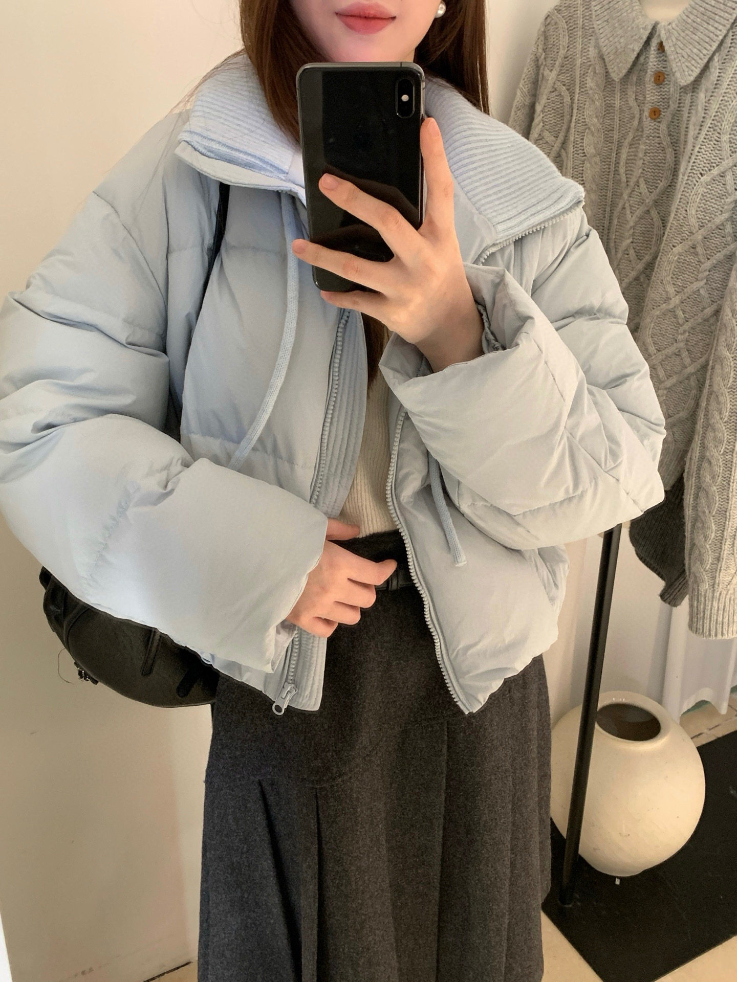 非真实价格：韩国Chic韩系休闲简约百搭拼接针织翻领羽绒服外套