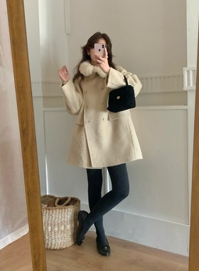 非真实价格：韩国Chic韩系休闲简约百搭翻领双面苏丽羊绒大衣外套