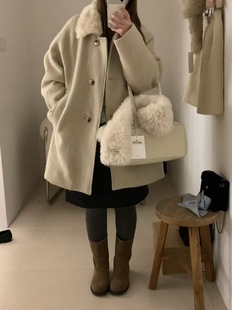非真实价格：韩国Chic韩系休闲简约百搭翻苏丽羊绒大衣 羽绒内胆
