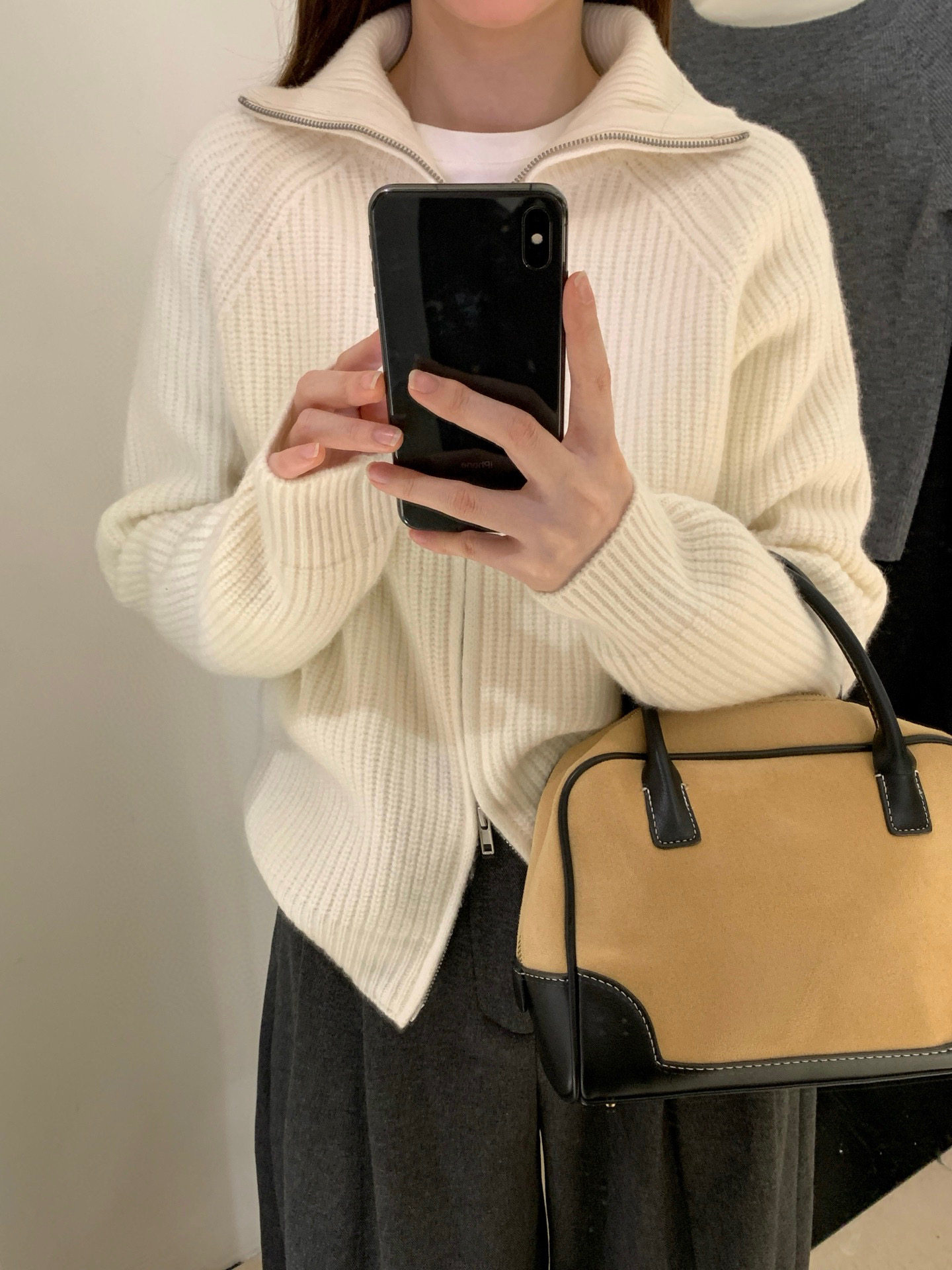 非真实价格：韩国Chic韩系休闲简约百搭翻领双拉链针织羊毛开衫