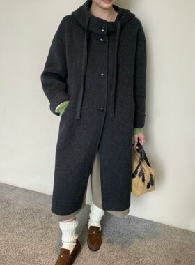 非真实价格：韩国Chic简约百搭显瘦连帽羊绒大衣外套女新款女