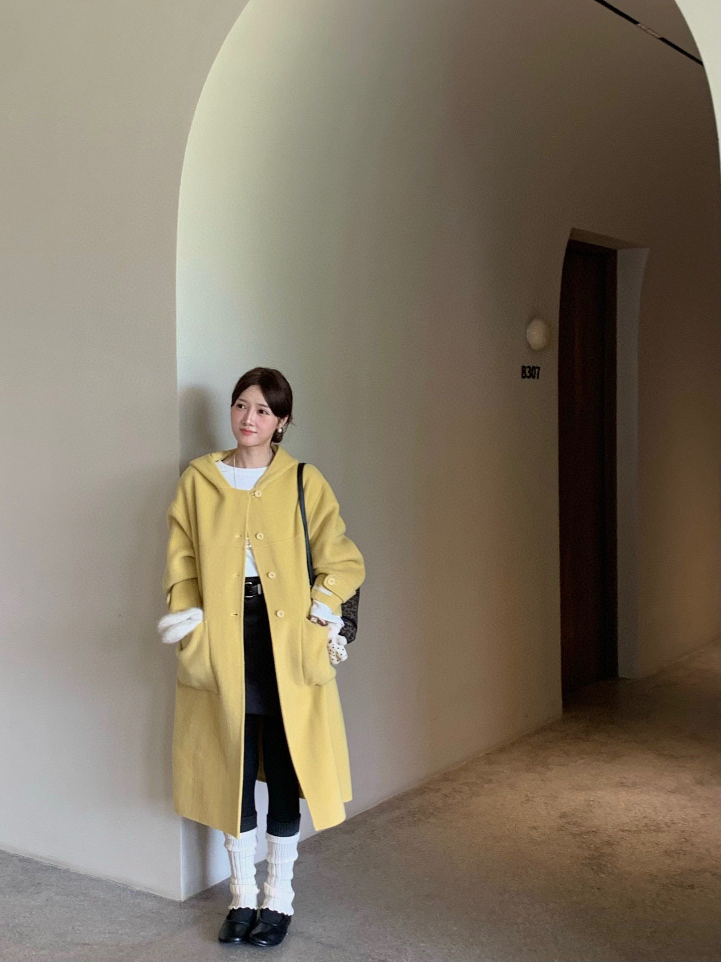 非真实价格：韩国Chic 休闲简约百搭姜黄色连帽双面羊绒大衣外套