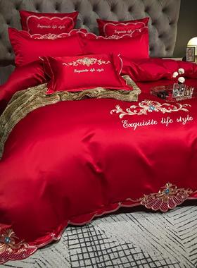 高档欧式全棉婚庆四件套纯棉大红色床单刺绣被套喜被结婚床上用品
