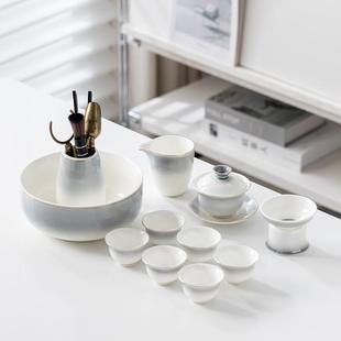 家用功夫描金泡茶器茶壶一整套 陶瓷盖碗羊脂玉白瓷小茶杯茶具套装