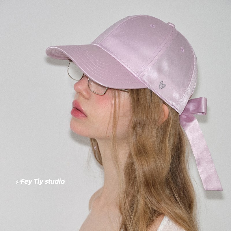 feytiy 缎面棒球帽女烫钻爱心蝴蝶结飘带春夏N遮阳韩国ins防晒舌