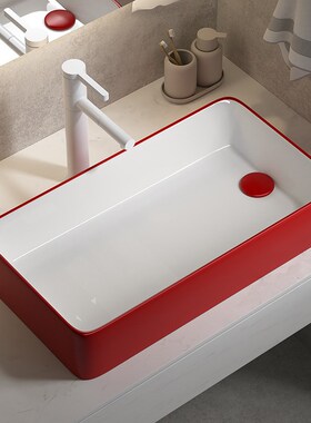 左右边侧排下落水大红色陶瓷台上盆洗衣机长方洗手池偏孔脸盆盘