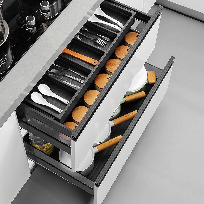 拉篮厨房橱柜铝合金抽中抽屉式碗碟篮厨柜收纳架内置碗篮碗架阻尼