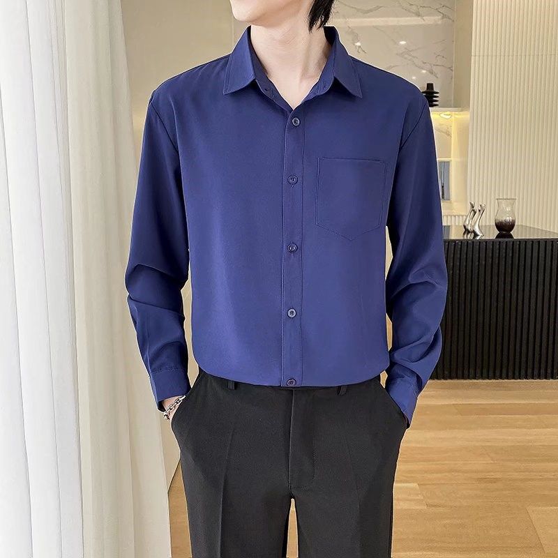 春秋季免烫白衬衫男士长t袖高级感抗皱打底蓝色寸商务职业正装衬