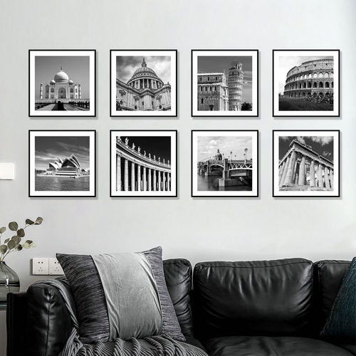 黑白装饰画工业风办公室挂画现代简约建筑风景墙壁画客厅卧室餐厅