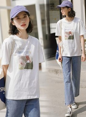 夏天韩版时尚套装女学生宽松T恤搭配牛仔阔腿裤洋气两Z件套小清新