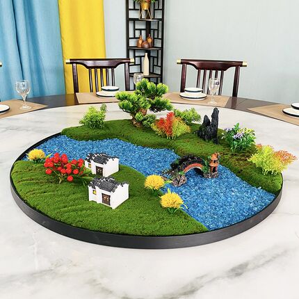 圆桌中间摆件苔藓沙盘工艺品包厢包间水景转盘花艺餐桌电动摆花