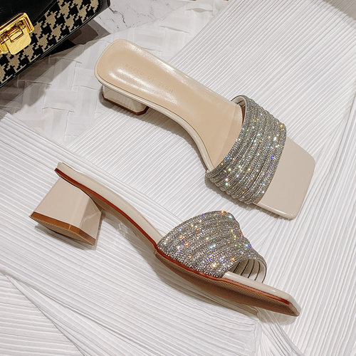 法式水钻仙女风一字粗跟q凉拖网红时尚ins潮夏季拖鞋女外穿中跟5c