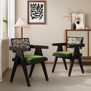 昌迪加尔椅实木中古侘寂风餐桌椅家用藤编覆古白蜡木饭厅椅子茶椅