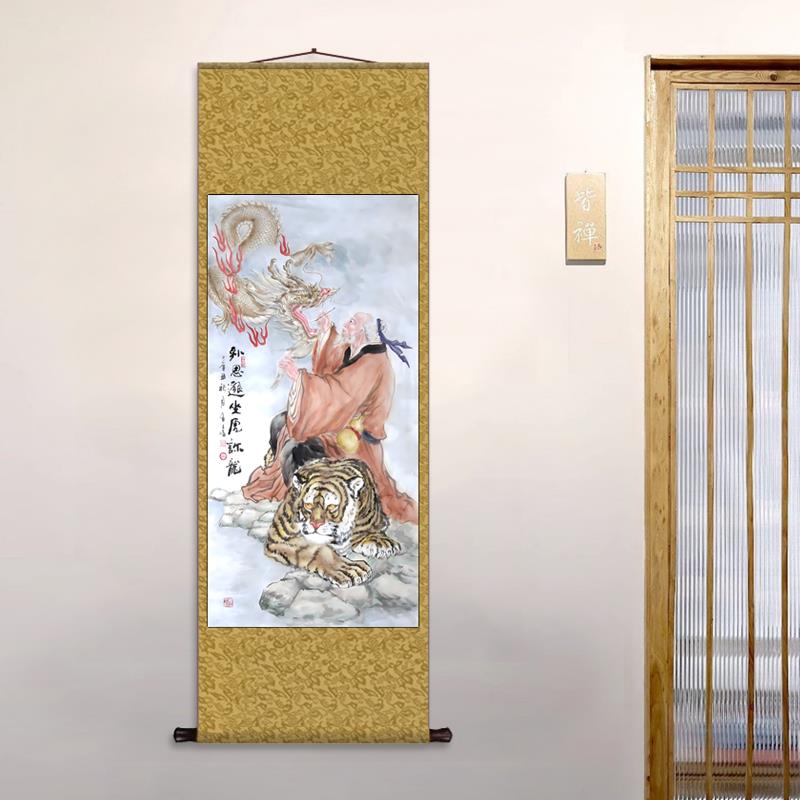 孙思邈坐虎针龙 丝绸卷轴装饰挂画名医采药图客厅装饰字画丝绸画