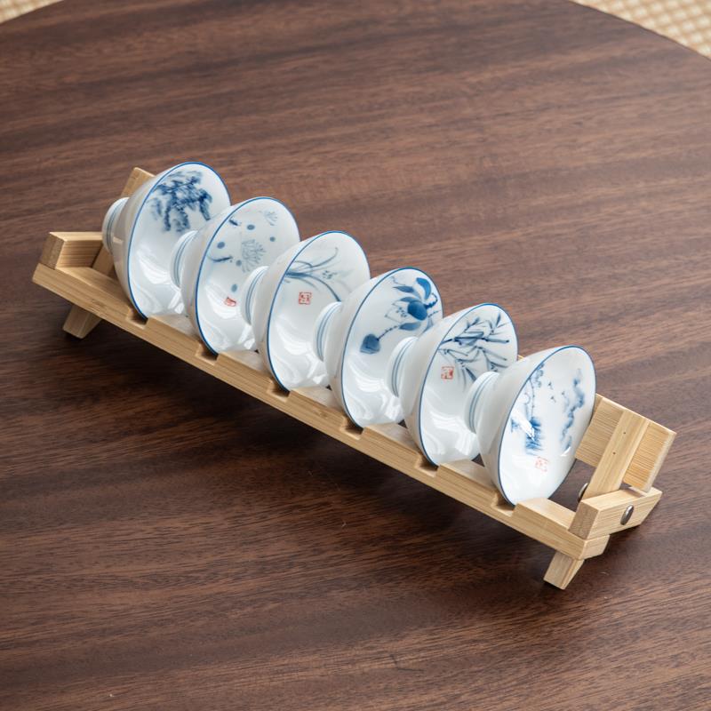 纯手绘陶瓷斗笠杯青白瓷功夫小茶杯喝茶碗6祇套装带杯架家用待客