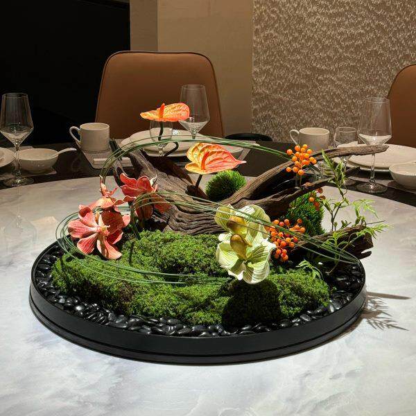 间摆桌花圆桌转盘中景观彷真花摆件花酒摆设饭店店餐桌