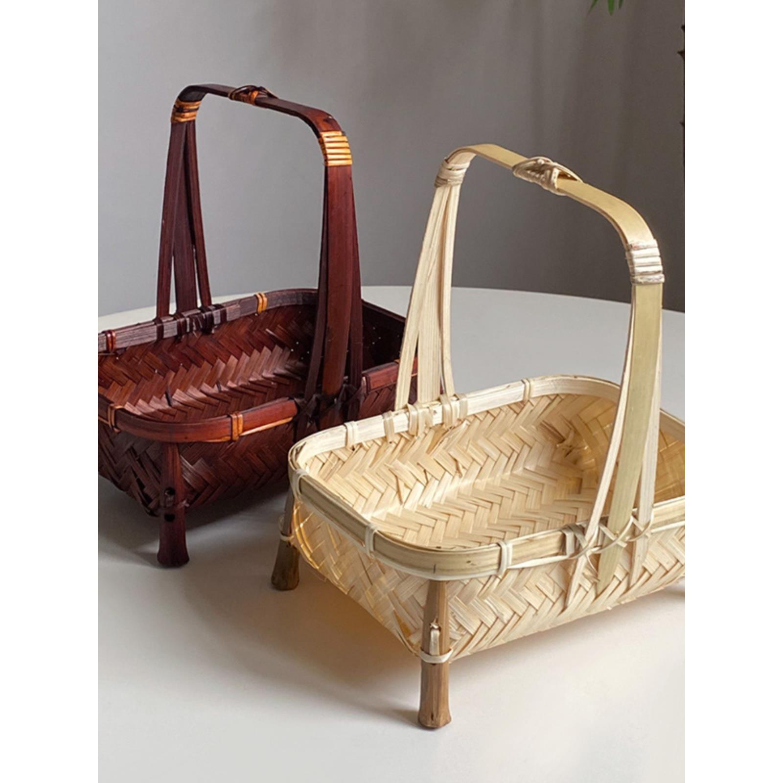 手工竹编家用创意茶点水果零食简约方形手提果篮收纳竹筐糕点托盘